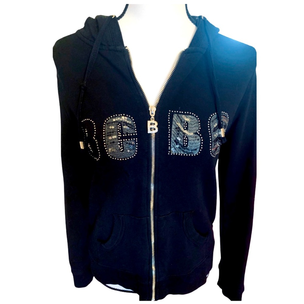 BCBG Women’s Black Sequin Logo Zip Up Hooded Sweatshirt